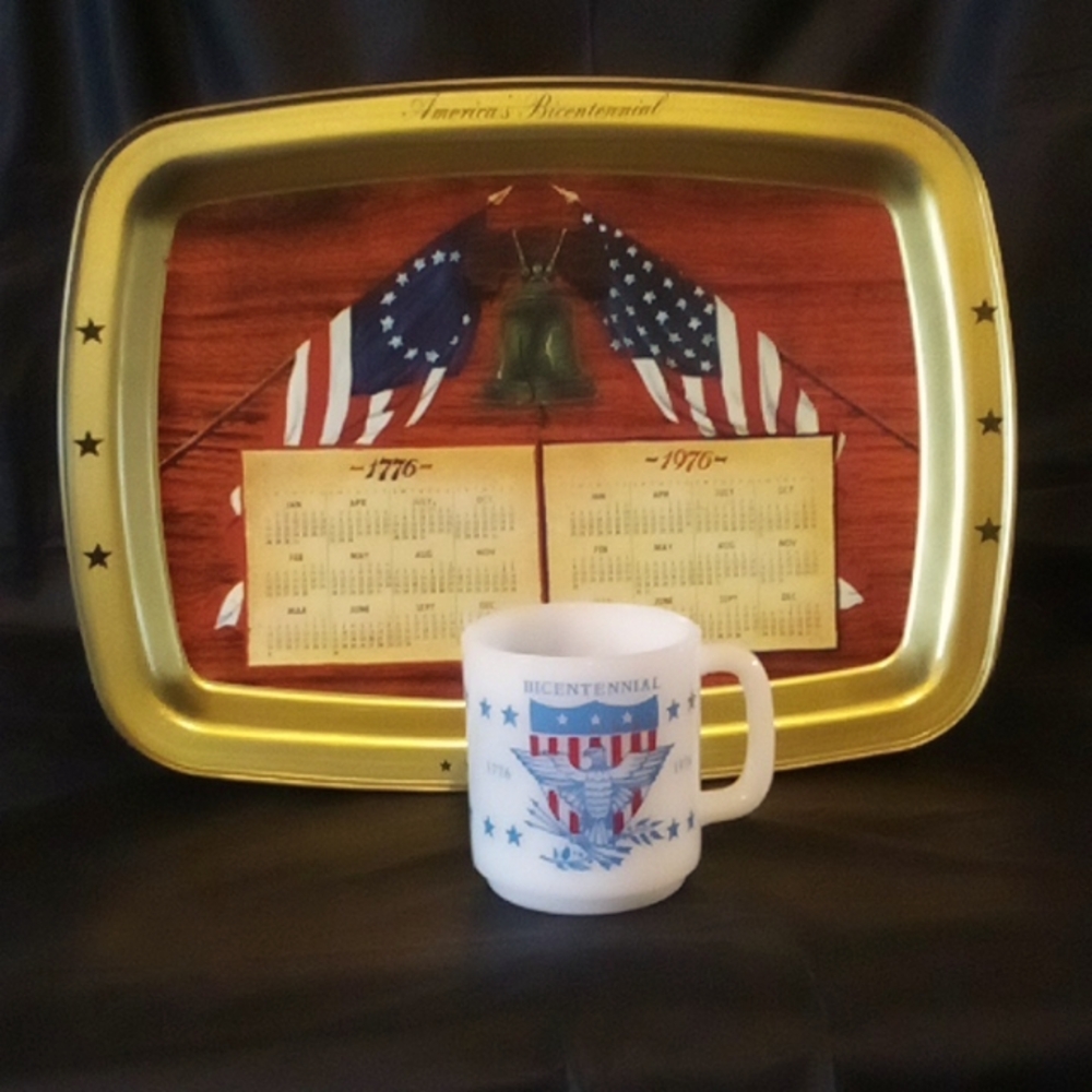 Bicentennial tin tray & milk glass mug EUC 1776 - 1976 USA